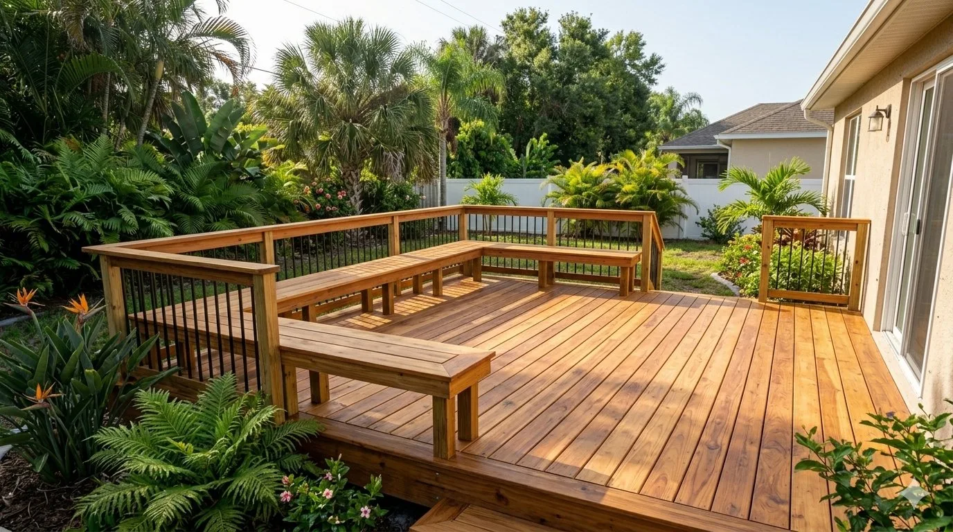 Custom wood deck with built-in benches by Spring Hill Deck Builders