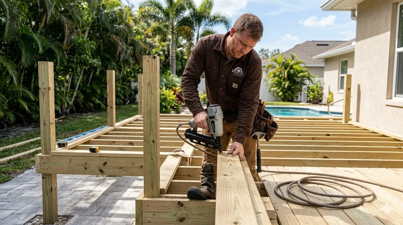 Spring Hill Deck Builders crew framing a new pool deck at a Hernando County home