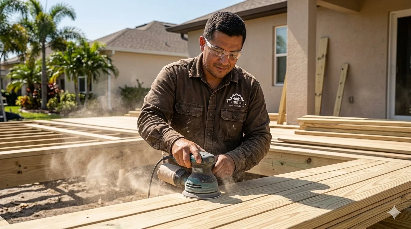 Spring Hill Deck Builders crew sanding and refinishing a wood deck