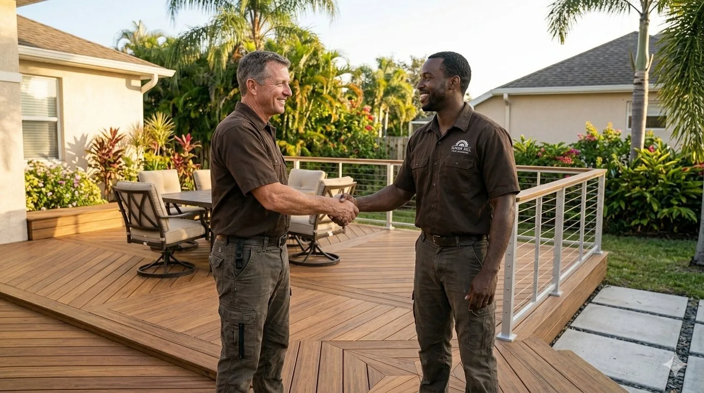 Spring Hill Deck Builders estimator shaking hands with a homeowner on a finished composite deck