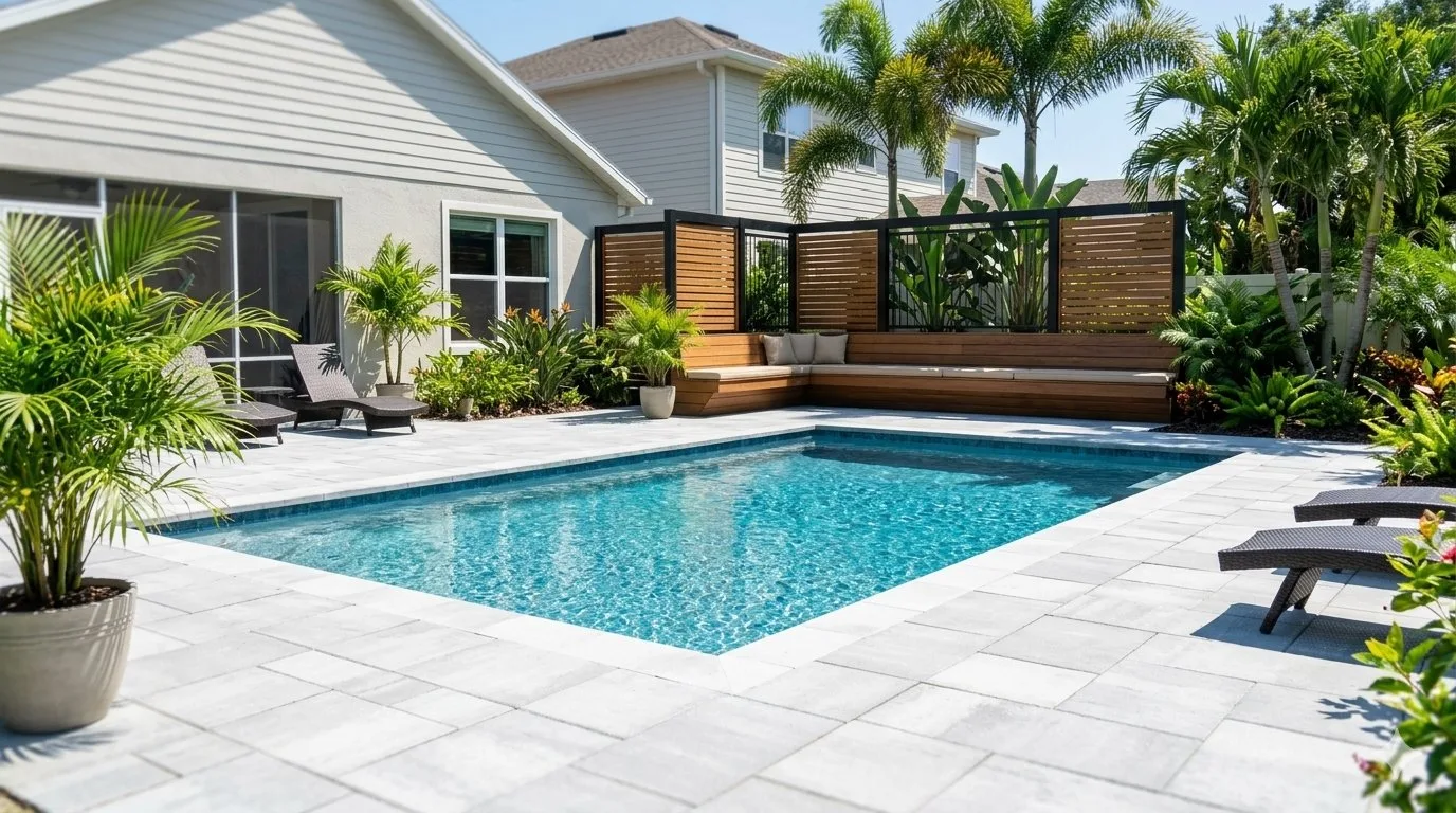 Pool deck with wood privacy screen built in Spring Hill Florida