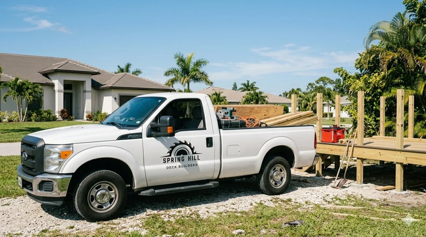 Spring Hill Deck Builders truck at a new deck framing job in Spring Hill FL